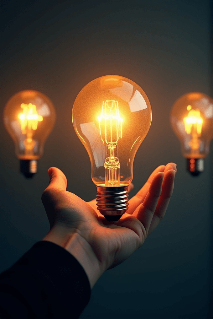 A hand delicately holds a glowing light bulb, with two more light bulbs softly lit in the background against a dark backdrop.