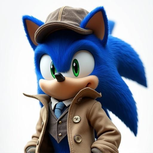 Sonic is featured in a trench coat. Sonic wears a peaked cap. No background is present. The character stands confidently and looks serious.