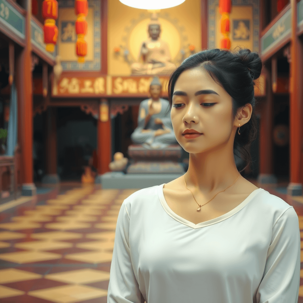 A serene moment of meditation in a traditional temple setting.