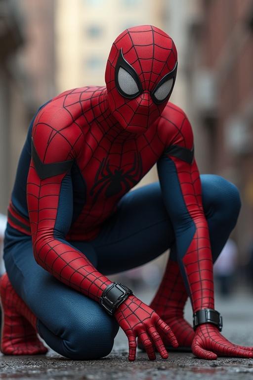 Photograph of Spider-Man in an urban setting. Spider-Man crouching on a street. Dressed in classic red and blue suit. Urban environment blurred in the background.