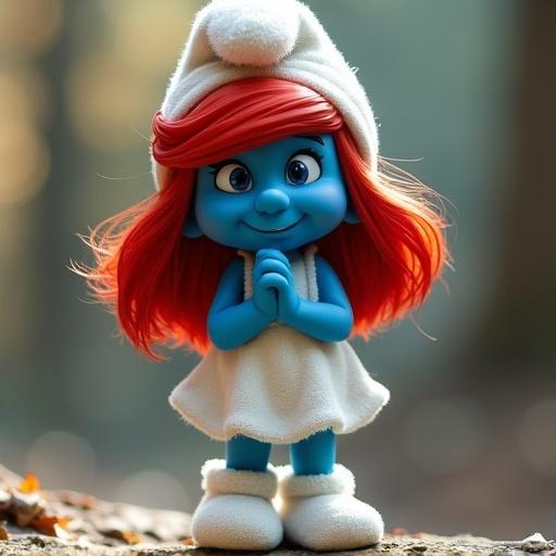 Cheerful blue animated character with red hair wearing a white dress and smiling. Set in a natural background. Appears friendly and inviting.