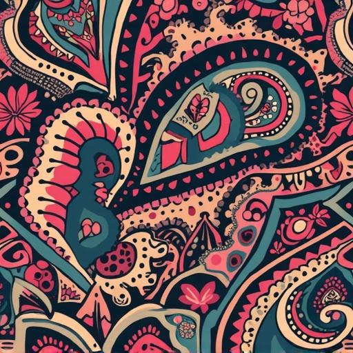 Seamless paisley textile design with vibrant colors and intricate patterns, suitable for fabric printing.