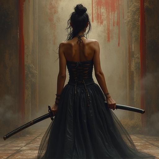 A 21 year old woman with a curvy figure stands on a building. She holds a samurai sword and wears a dark gown. The scene is misty and dramatic, evoking a sense of power and mystery.