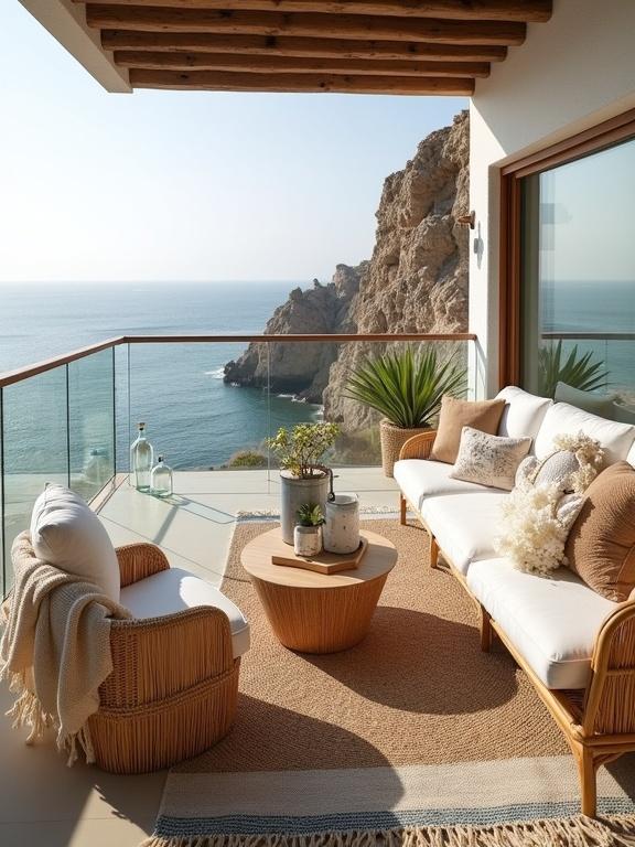 A beautiful coastal balcony featuring rattan furniture with a view of the ocean. Natural light illuminates the space. Elements include a sofa with plush cushions, a rattan armchair, and decorative tables with green plants. Textures and colors are soft and earthy, creating a serene ambiance.