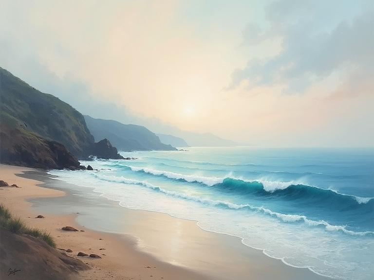 Landscape of a seaside scene featuring muted colors and impressionist style. Waves gently crashing on the shore with distant mountains. Soft lighting creates a serene atmosphere.