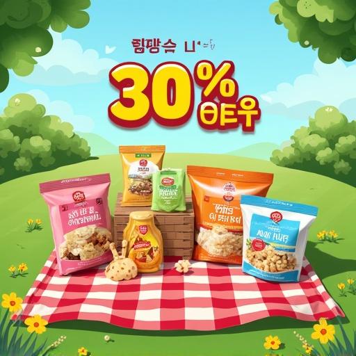 Colorful picnic scene with various gourmet food items on a blanket. Green grass background with yellow flowers. Bright cheerful atmosphere with cartoon text stating 30% discount. Playful outdoor setting, styled like a Korean supermarket ad.