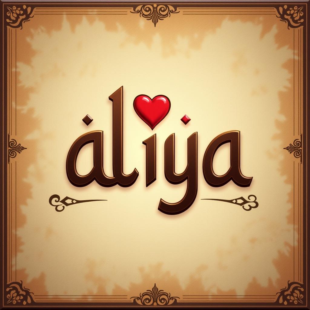 Write the name Aliya in Arabic calligraphy. Use an antique background that conveys love.