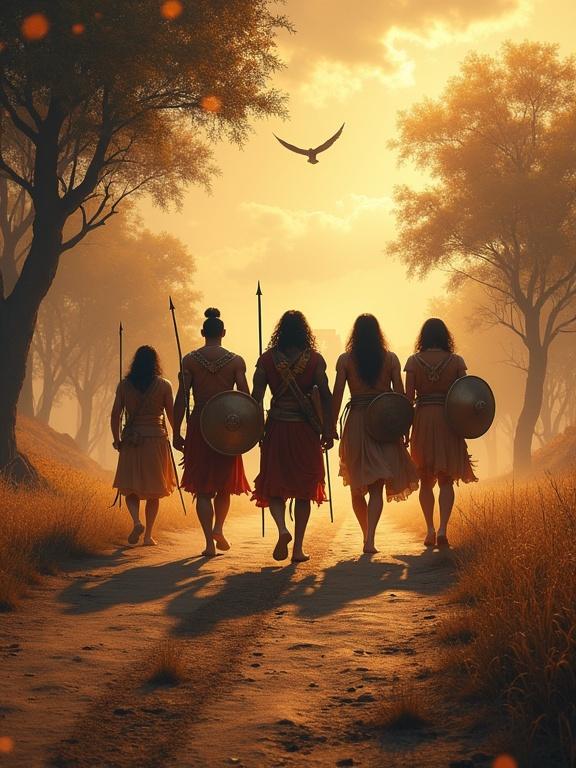 Five Pandava brothers walking united on a path with bows swords and shields. Their armor glistens in sunlight. Determined expressions on their faces. Trees slightly burning in background indicating battles. Drupada palace silhouette on horizon. Dramatic sky with birds flying overhead in V shape. Indian epic war painting, cinematic style, deep shadows, mythological feel.