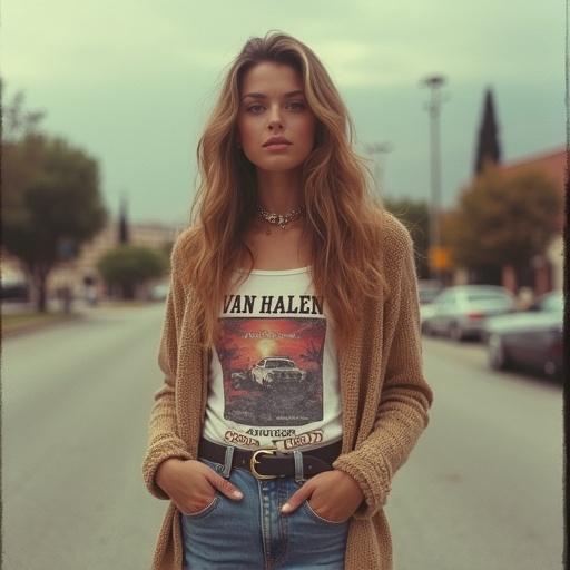 Aesthetic and realistic image of a young woman dressed in 1980s fashion. She wears faded jeans and a 70s style cardigan with a 'VAN HALEN' t-shirt. The photo captures an essence of attitude typical of the 80s. Background features Roxbury Street in Simi Valley, California from that era. Image has poor lighting, dull colors, and is styled like a Polaroid.