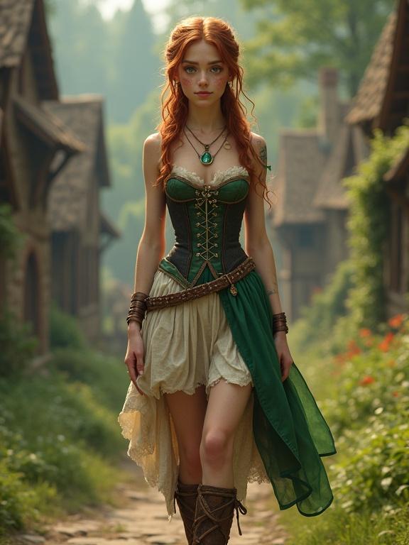 High fantasy aesthetic in a small medieval village with a pretty teenage girl wearing a corset dress.