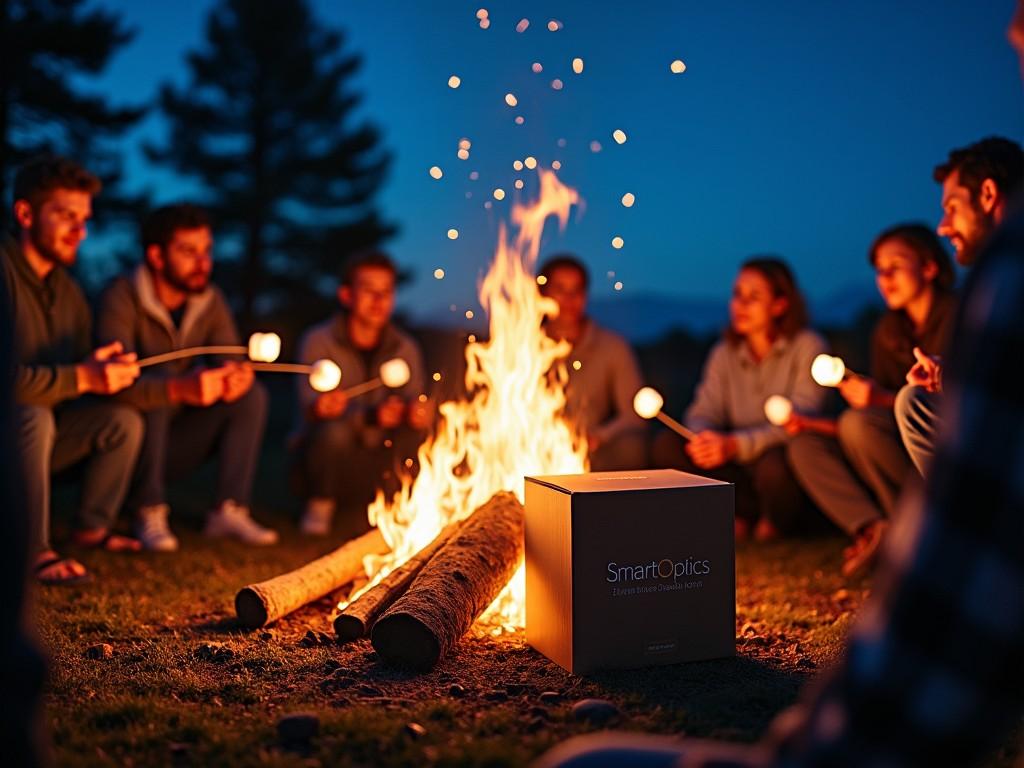 A group of friends gathers around a campfire during the evening. They hold sticks with marshmallows, preparing to roast them over the flames. In the center is a box labeled SmartOptics, strategically placed to catch attention. The warm light from the fire illuminates their excited faces as they enjoy the moment. The background features trees silhouetted against the twilight sky, creating a peaceful outdoor ambiance. The scene evokes feelings of camaraderie and nostalgia for camping adventures.