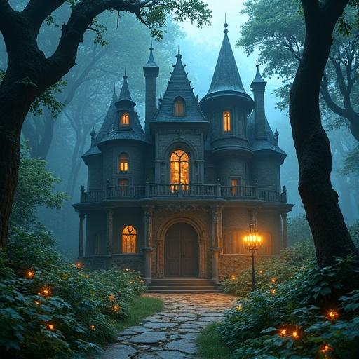 An old library in a magical forest shaped like an ancient castle. Luminous plants surrounding the structure. Mysterious atmosphere with fantasy art style. Magic particles float in the air.