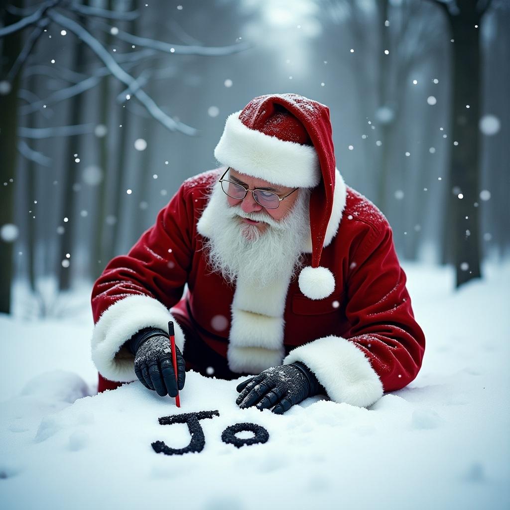 Santa Claus wearing a red suit with white trim writes 'Jo' in the snow. Snow falls softly around him. Trees in the background are bare and frosty.