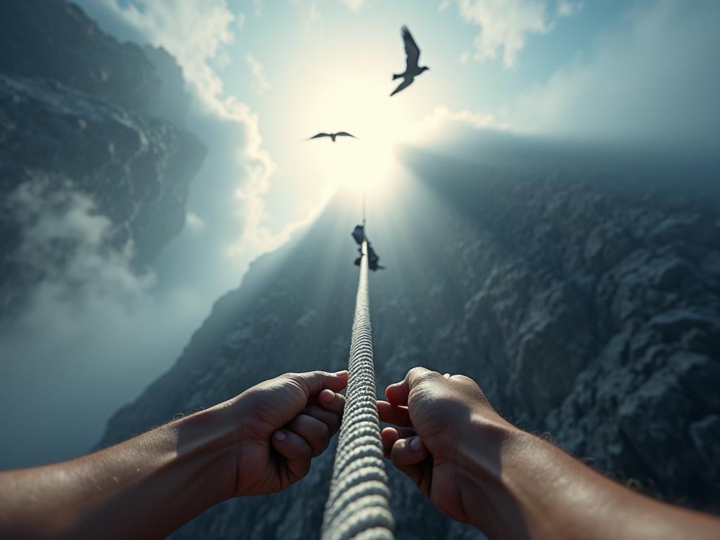 The image shows a pair of hands gripping a thick rope, climbing up a steep cliff or rock face. The left hand is positioned below the right hand, emphasizing the effort of the climb. The perspective is from the climber's point of view, looking upwards towards the top of the cliff. Bright sunlight illuminates the top of the cliff, creating a stark contrast against the darker rock. Above, birds are seen flying in the sky, suggesting freedom and hope. The scene is enveloped in clouds, adding a surreal and dramatic feel to this challenging climb.