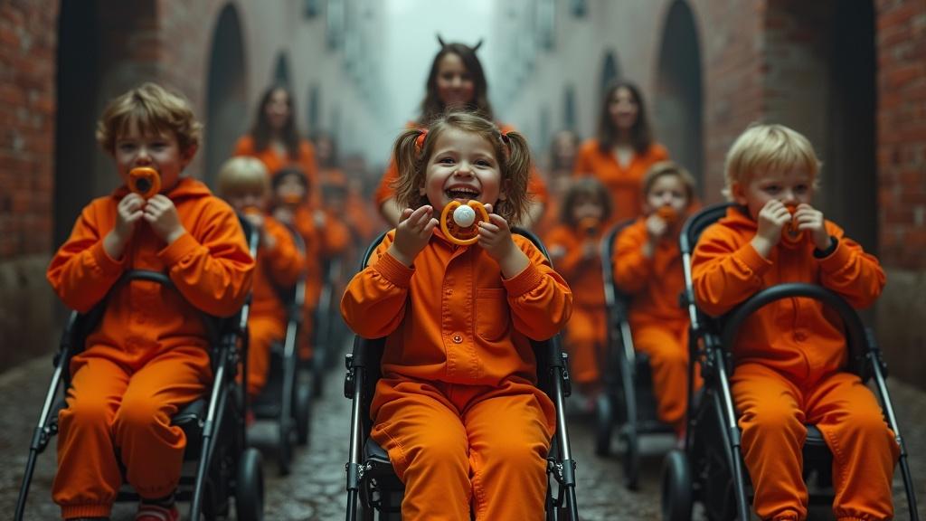 Scene features children in bright orange jumpsuits sitting in strollers. Each child has a large pacifier. Expressions show self-satisfaction. Mothers in daemon costumes roll strollers. A hellish background adds drama. Emphasis on contrasting emotions and detailed rendering.