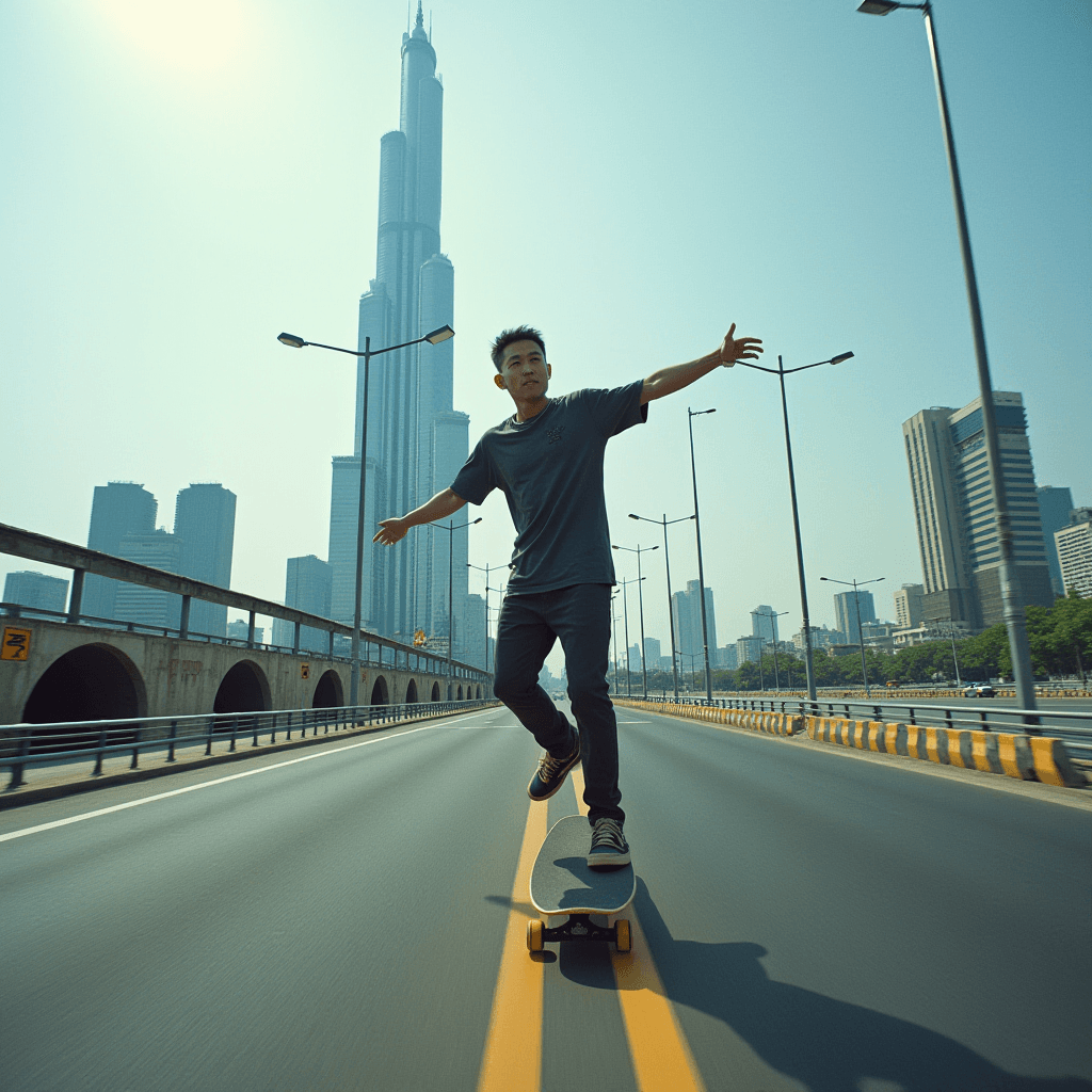 A person skateboards down an empty urban highway, with a towering modern skyscraper in the background.