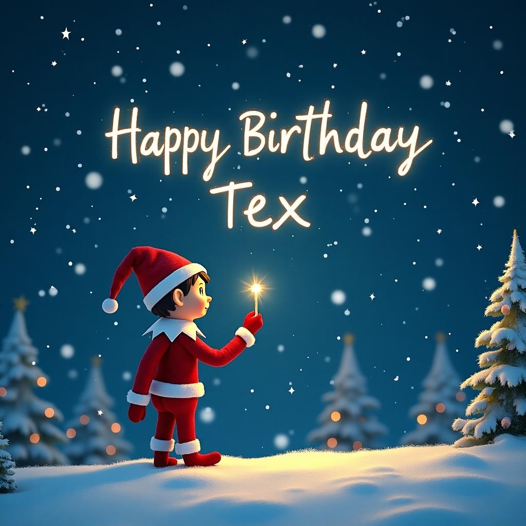 Elf on a shelf holds a sparkler candle. Sky displays Happy Birthday Tex. Celebrates a birthday on snowy night. Trees covered with snow in background. Magical and festive atmosphere.