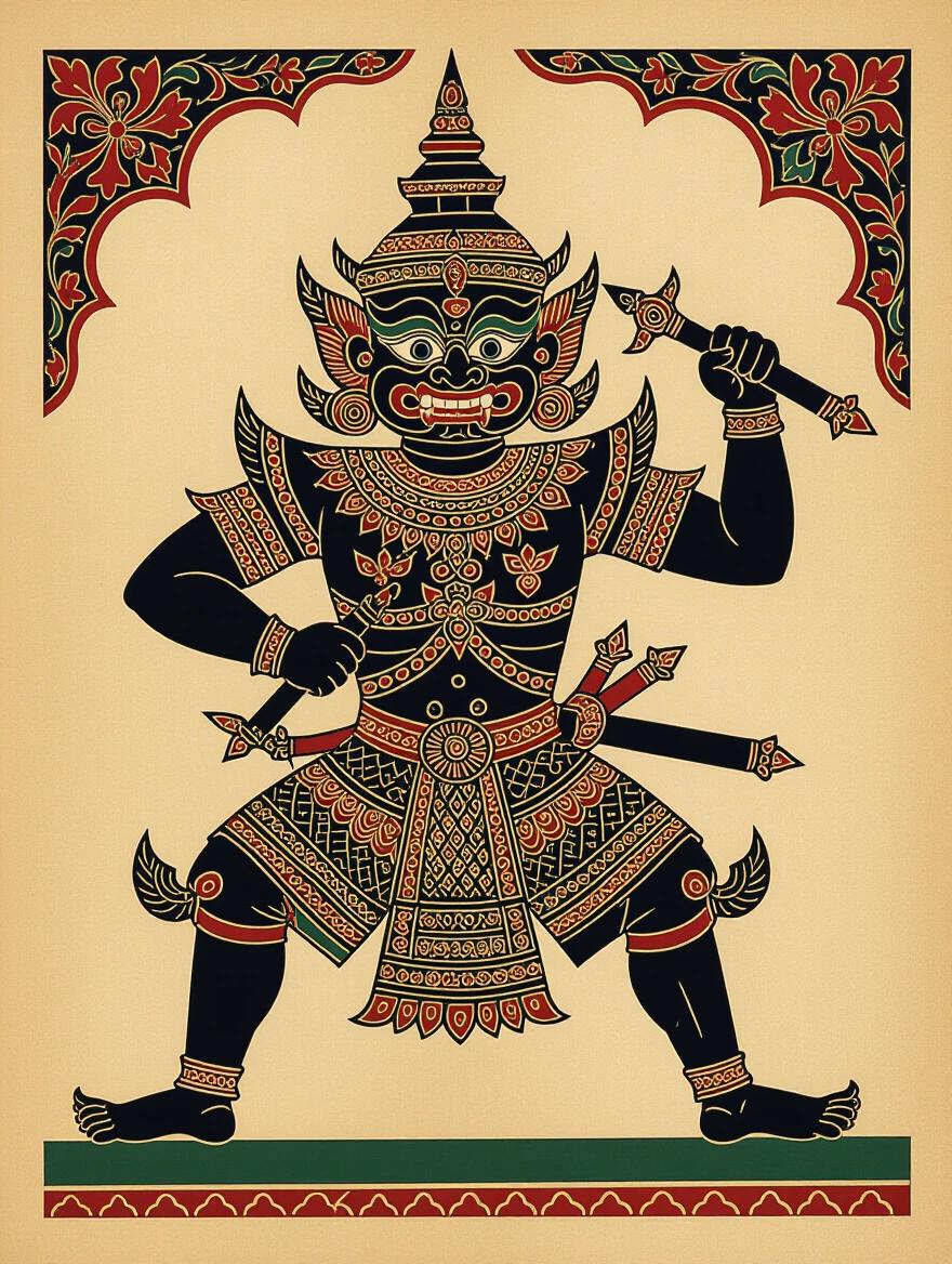 Wayang Kulit shadow puppet depicted in fierce stance. Thick arms and clenched fists. Bold facial features and elaborate armor. Backlit to create shadows on parchment. Javanese detailing throughout design.