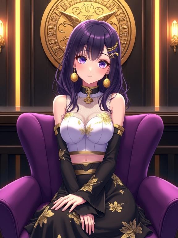 Highly detailed vibrant anime style illustration of a fair-skinned lady with dark violet hair. She has a gold kanzashi and dangling ornament. Large expressive eyes have light purple irises. Outfits combine white violet and gold including a top with gold floral patterns and black semi-long skirt. She's seated elegantly on a plush velvet chair. Background showcases a luxurious bar or lounge with ornate golden emblem and warm lighting. Style emphasizes vibrant colors and intricate details.