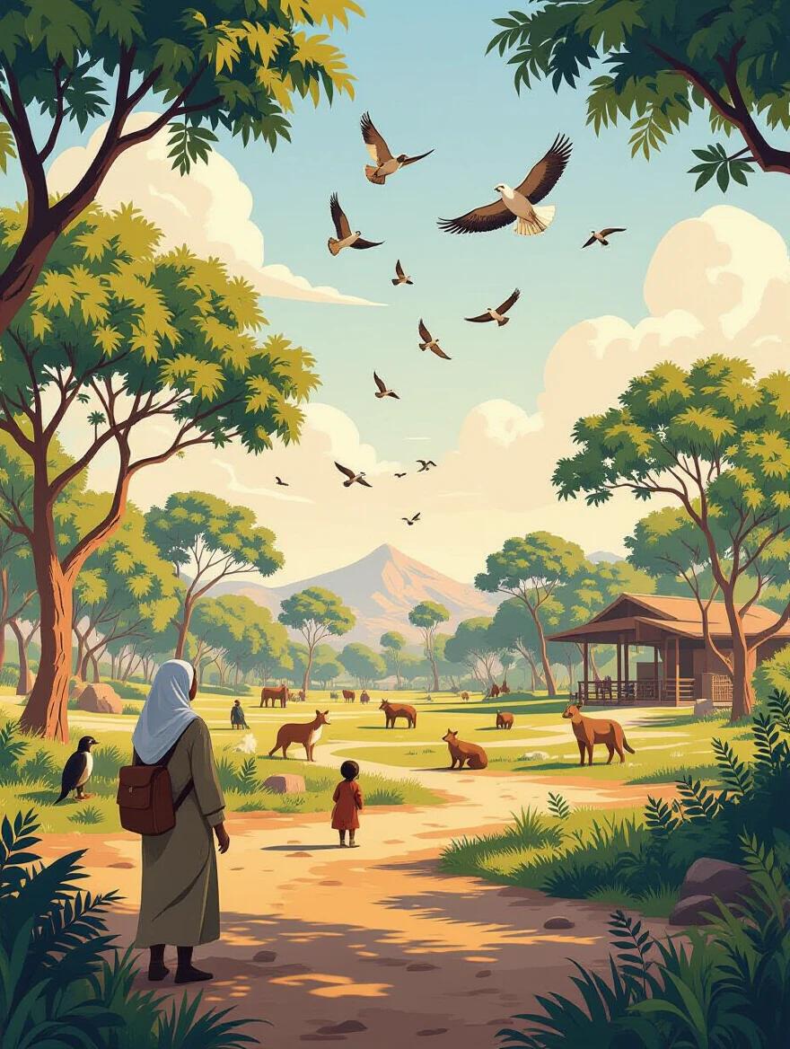 A vast and richly detailed scene showcasing biodiversity at Emirates Park Zoo. Birds fly over trees while animals roam in the distance. A visitor and a child gaze at the scenery. The illustration captures exploration and harmony. The color palette includes shades of green, blue, and brown. Complex composition filled with intricate details. No text or subtly hidden 'Emirates Park Zoo'.