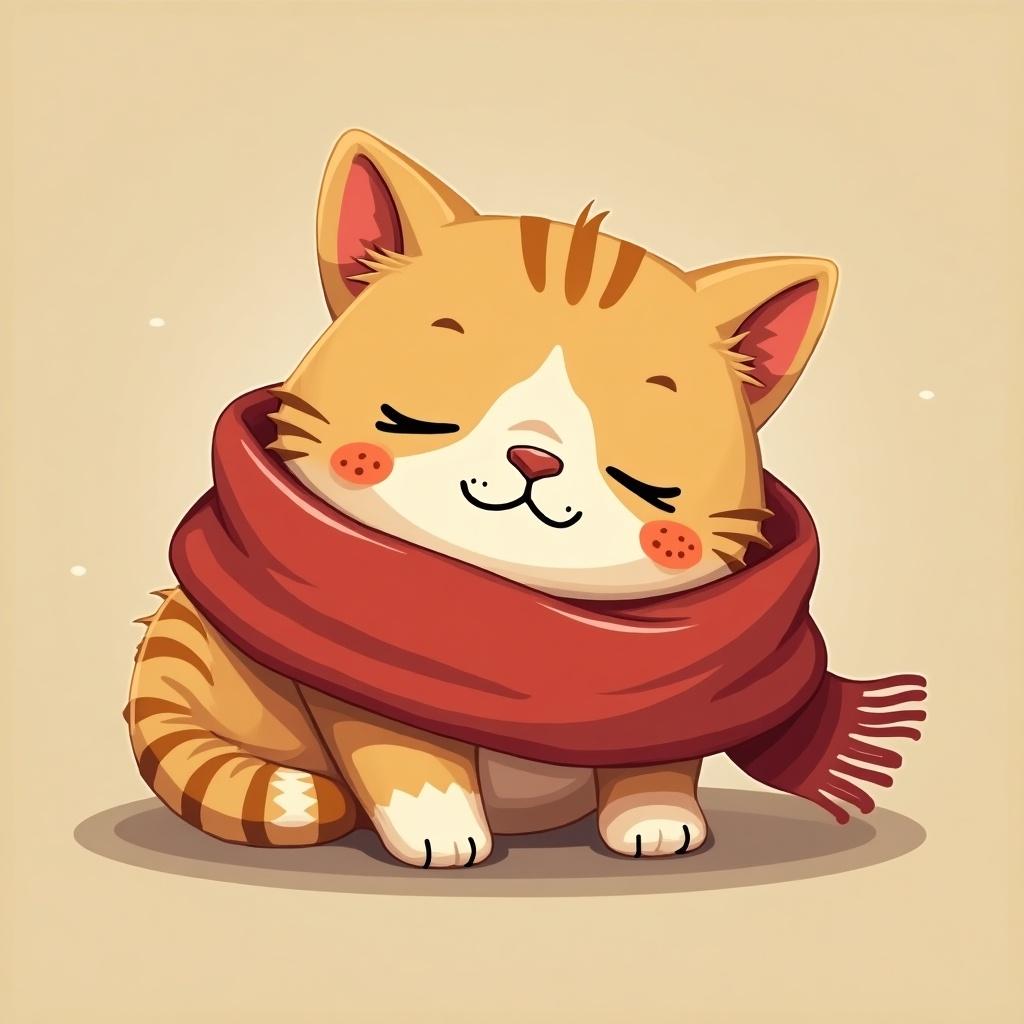 The image features a cute cartoon cat that is sleeping peacefully. It has a fluffy orange coat with darker stripes, and its eyes are closed, signifying relaxation. The cat is wrapped snugly in a soft red scarf, adding a cozy touch to its appearance. The background is a warm, soft beige color that enhances the comforting atmosphere. This delightful illustration captures the essence of warmth and tranquility, making it perfect for various playful and heartwarming contexts.