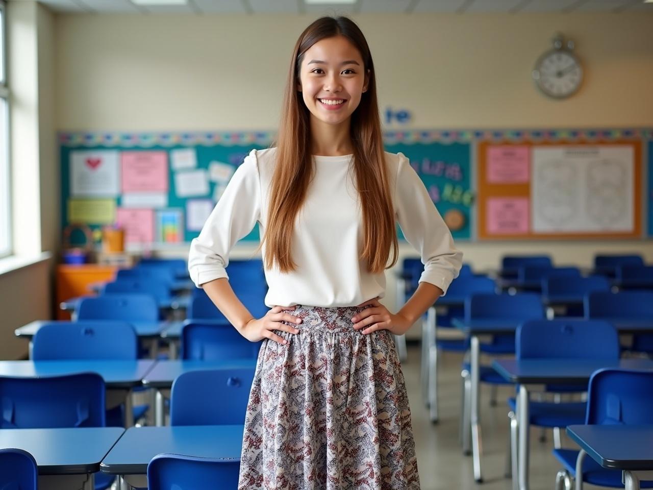 The image shows a young woman standing confidently in a classroom. She is wearing a long, patterned skirt with a white top. Her hair is long and straight, and she has a light makeup look. The classroom behind her is decorated with various learning materials and colorful posters. There are blue chairs arranged in rows, and the overall atmosphere appears to be educational.