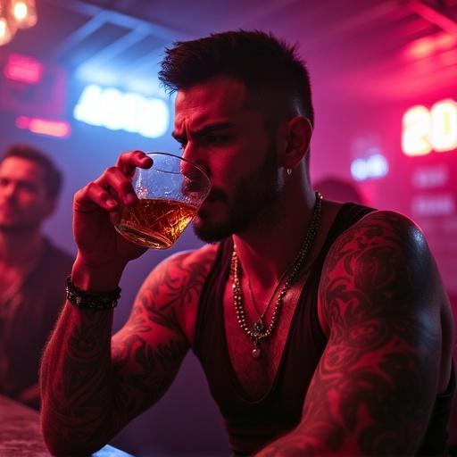 A muscular tattooed man in a punk nightclub drinks whiskey. Neon lights illuminate the setting. The man scowls while holding the drink. The atmosphere feels lively and edgy.