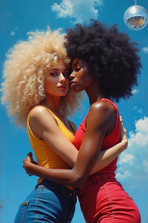 Impressionist painting style. Bright neon lights. Rough style transitioning into funky art. Two women embrace each other. One woman has glamorous voluminous blonde hair. She wears 70s working girl attire. The other woman has a high volume afro hairstyle. The background features a blue sky and clouds. Disco ball adds a silver glittering effect.