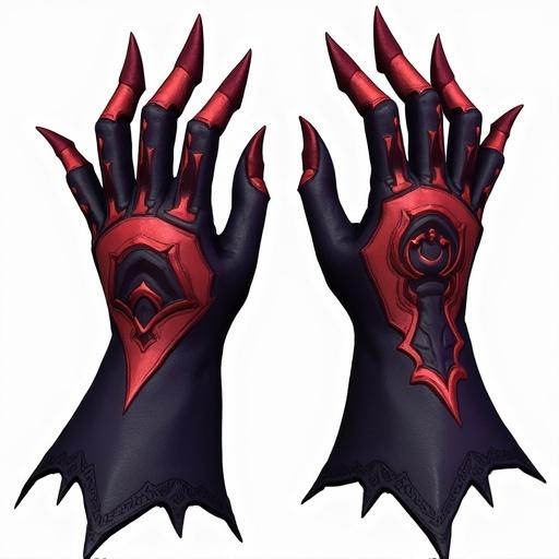 Mythical gloves designed for an equipment slot in an ARPG game. They are richly detailed and have a gothic style. The gloves have spikes and ornamental patterns. Transparent background allows for versatility in use.