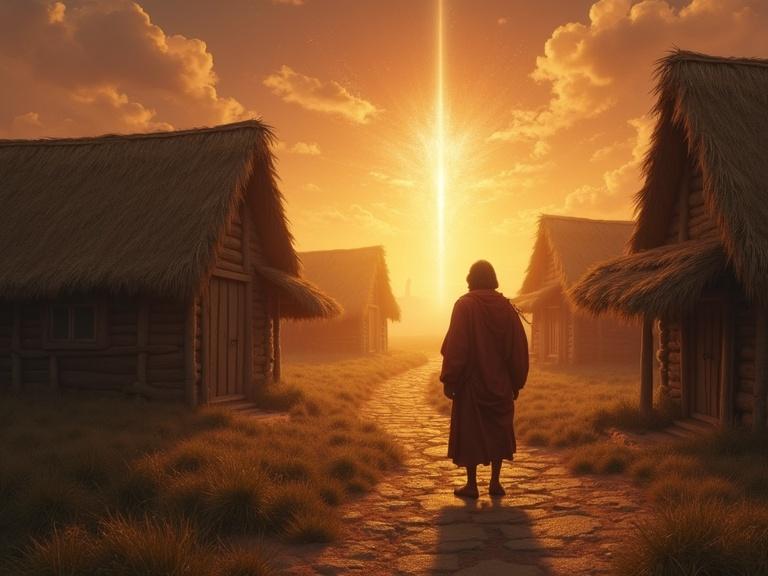 A scene depicting Enoch making a decision in a village illuminated by divine light. Emphasis on realistic style and warm tones, in 9:16 aspect ratio.