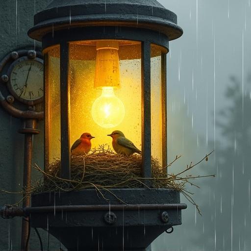 Inside the lantern during a rainy afternoon. The space glows softly. Birds huddle in nests. Rusty bolts and old dials surround them. Raindrops streak the glass. A few birds appear in silhouette. Watercolor painting style. Mood is intimate. Soft grays and yellows present. A world of warmth above the storm.