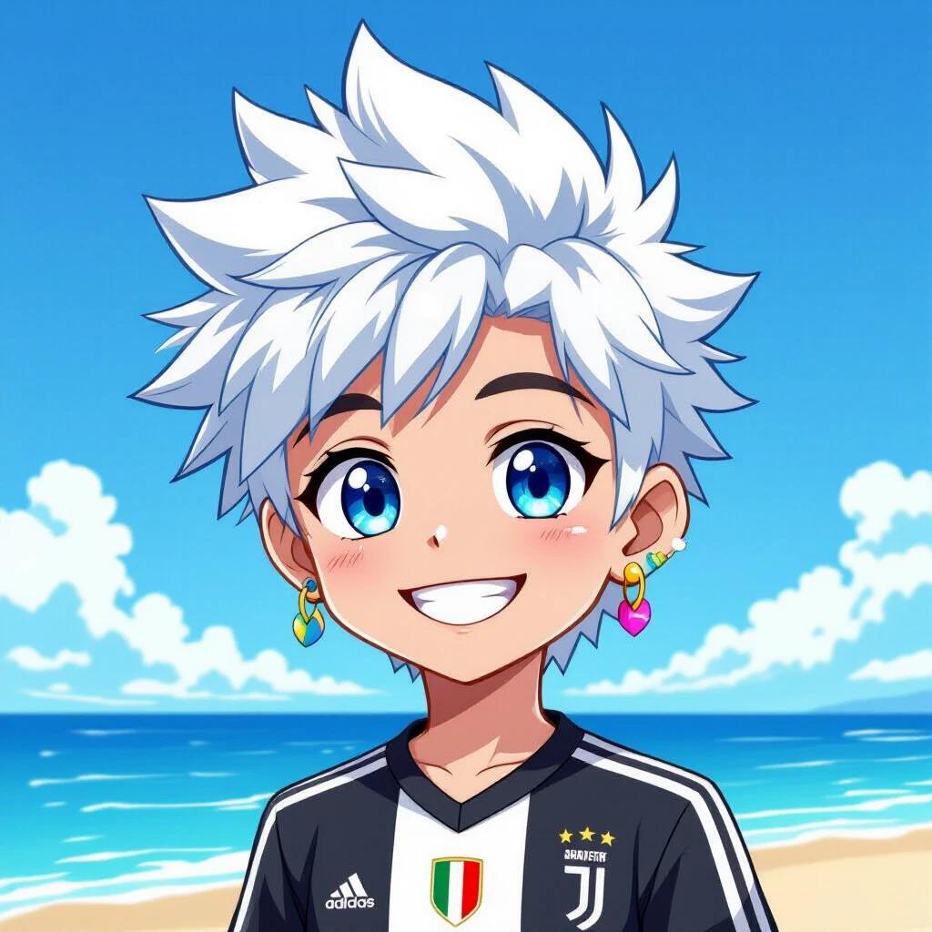 Background features blue sky and sea. The style is cartoon. A lively 13-year-old boy has bright smile. The character has spiky white hair and striking blue eyes. Colorful earrings adorn his ears. He wears a Juventus jersey with the Jeep logo. Anime-style expression appears soft and friendly. Design a clean modern vector-style logo using main character as the central focus. Focus on larger character only. Design logo with minimalist vector art style. Use transparent background. Preserve character’s key traits: white messy hair blue eyes Juventus shirt gentle look. Output optimized for clarity and visual impact.