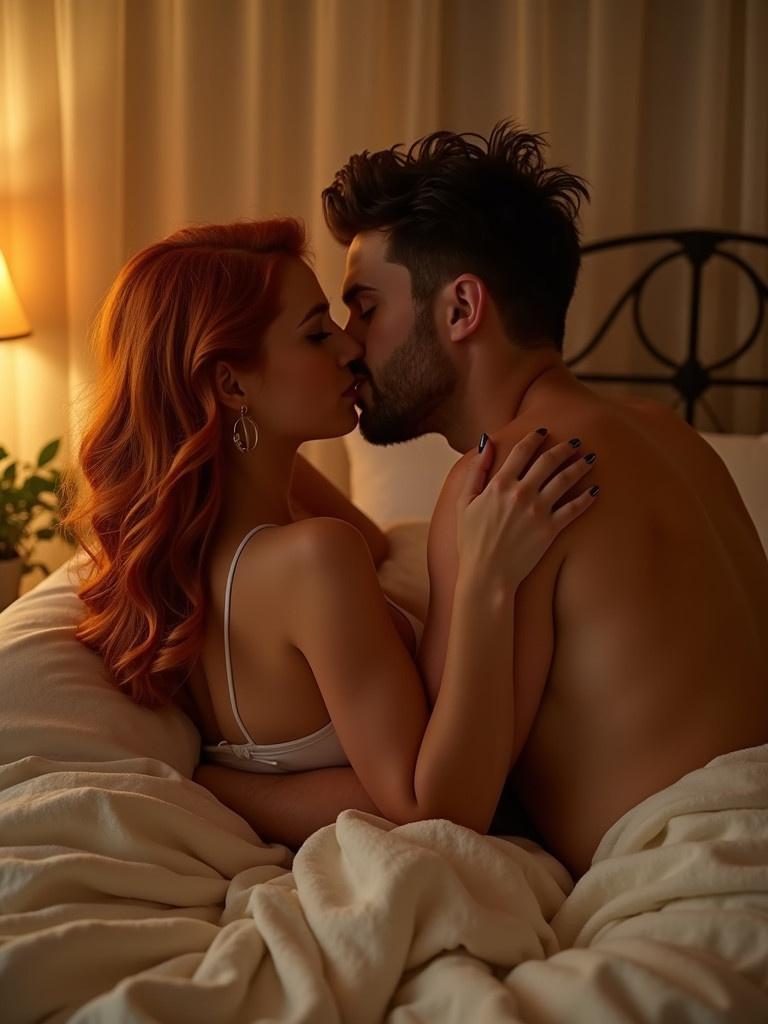 A romantic scene in bed. An intimate kiss shared between a couple. Soft golden lighting creates a warm atmosphere. The couple displays affection and connection with soft touches and gazes. She has red hair.