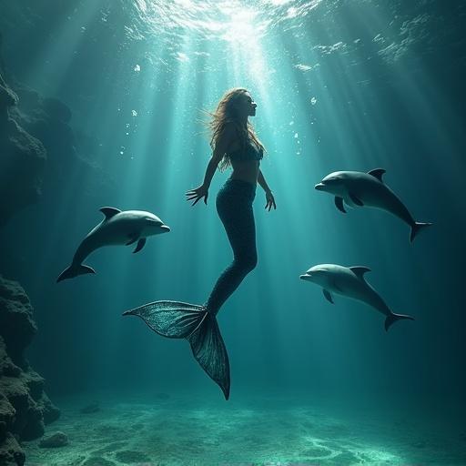 Wide body mermaid performs acrobatics with dolphins underwater. Realistic front view with cinematic lighting.
