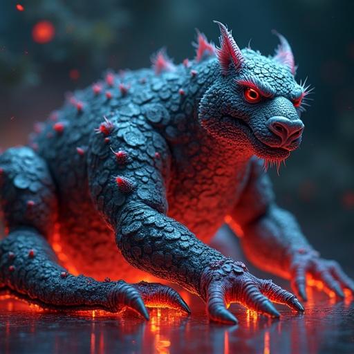 Photorealistic depiction of a menacing creature with a reptilian texture and glowing eyes. It appears to stalk forward with claws extended. The atmosphere is moody and dark with glowing elements around it. Background features obscured elements alluding to fantasy themes.