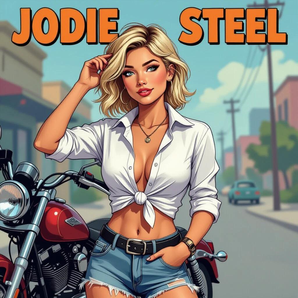 Image depicts Jodie Steel. She is a confident young woman stroking her hair. She wears a knotted white shirt and ripped denim shorts. Her look features black motorcycle boots. The style is comic-strip inspired with strong lines. The colors are photorealistic. The background suggests a street scene.