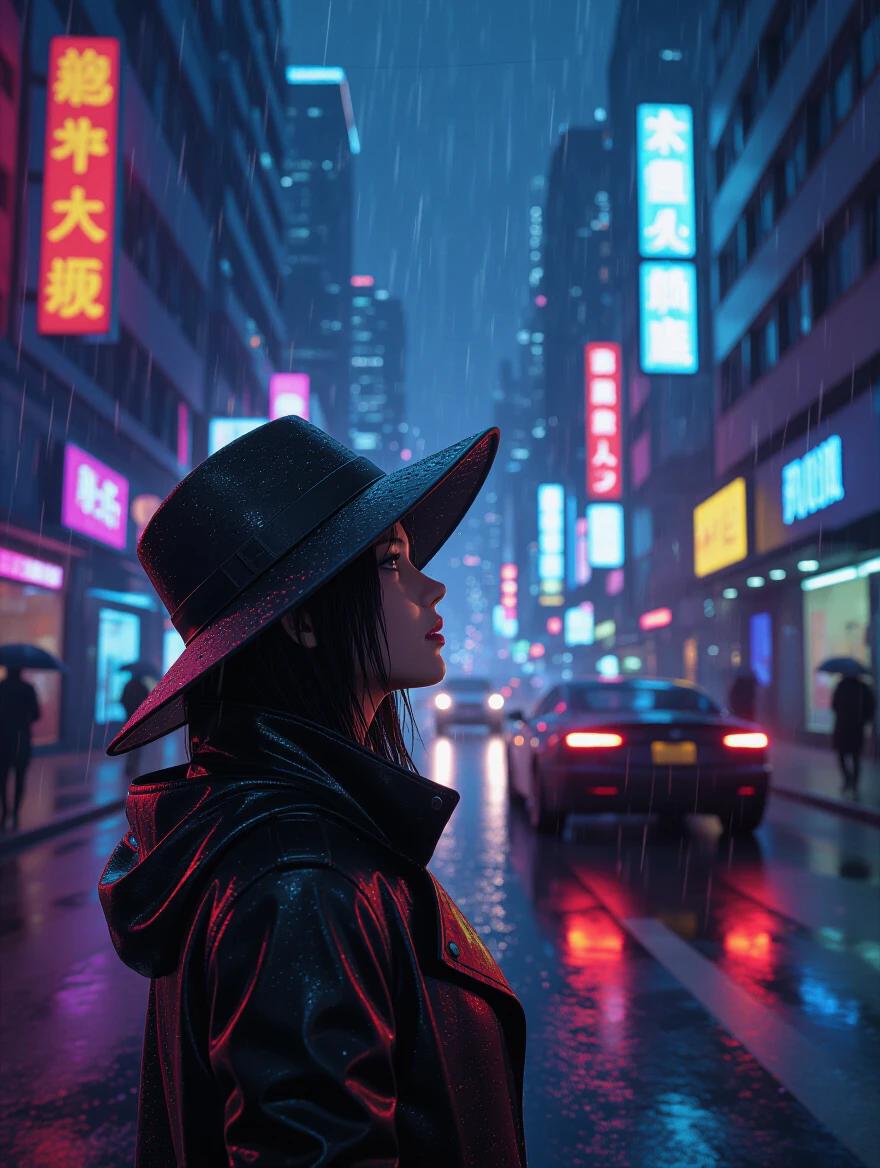 Cyberpunk style rainy city night. KIRA looks up at disappearing hovercar. Rain drips from hat brim. Neon lights reflect on wet street. 3D realistic style. Image ratio 16:9.