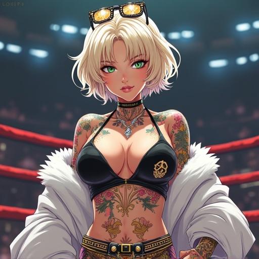 Anime character in a combat arena. Woman with emerald green eyes. Short elegant light blonde curly hair. Dressed in a modern kimono and mink coat. Features tattoos and cybernetic leg. Jewelry and sunglasses add flair. Night scene in Mexico City.