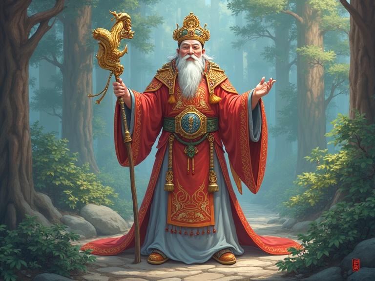 Traditional figure in ornate attire holding a scepter in a forest. The scene combines elements of wisdom and leadership, focusing on education and inspiration. Soft light filters through trees creating a serene atmosphere.