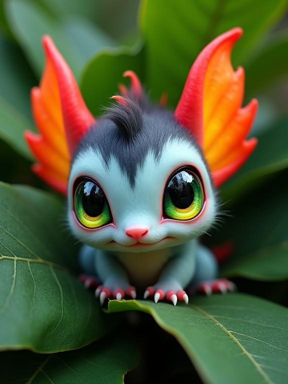 A small, colorful creature with a pale gray-blue face and darker fur on top. It has large green eyes with yellow and red rings. The creature has red and orange fin-like ears, tiny pinkish-red paws, and is nestled among vibrant green leaves. The image features a soft, magical atmosphere with details of the surrounding foliage.