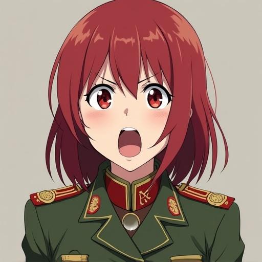 Anime style female soldier depicted with medium red hair parted in the front showing anger and surprise