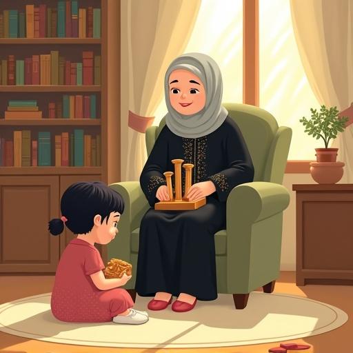 A cozy grandmother's room illustrated in a soft cartoon style. Shelves lined with old books and vintage boxes. Round off-white rug on the floor. Grandmother in olive green armchair crocheting. She wears a black abaya and grey headscarf. Leila, a faceless girl, sits cross-legged in a pink dress, inspecting wooden pillars from an open box.