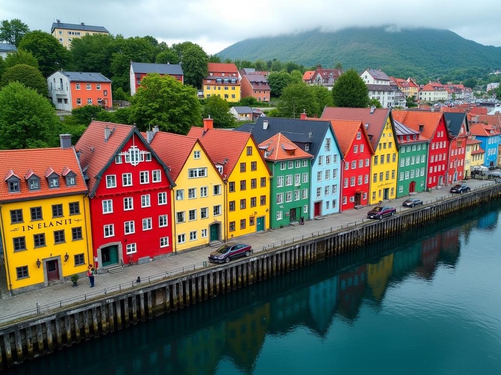 Colorful Alesund, Norway, presents a stunning aerial view of the vibrant buildings lining the serene river. The scene showcases a variety of architectural styles, highlighted by the iconic Jugendstil influences unique to this seaport. Bursting with color, the buildings reflect shades of bright yellow, red, and green, creating a lively atmosphere. The calm waters mirror these vibrant hues, enhancing the picturesque setting. Lush greenery peeks through the urban landscape, adding a touch of nature to the scene. This charming town is not just a destination, but a celebration of art and history interwoven with its seafaring legacy.