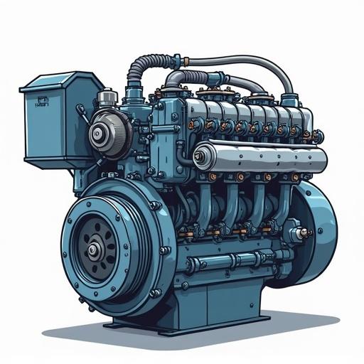 Cartoon-style illustration features a detailed air conditioning compressor of a combustion engine. Engine parts are highlighted in vibrant colors.