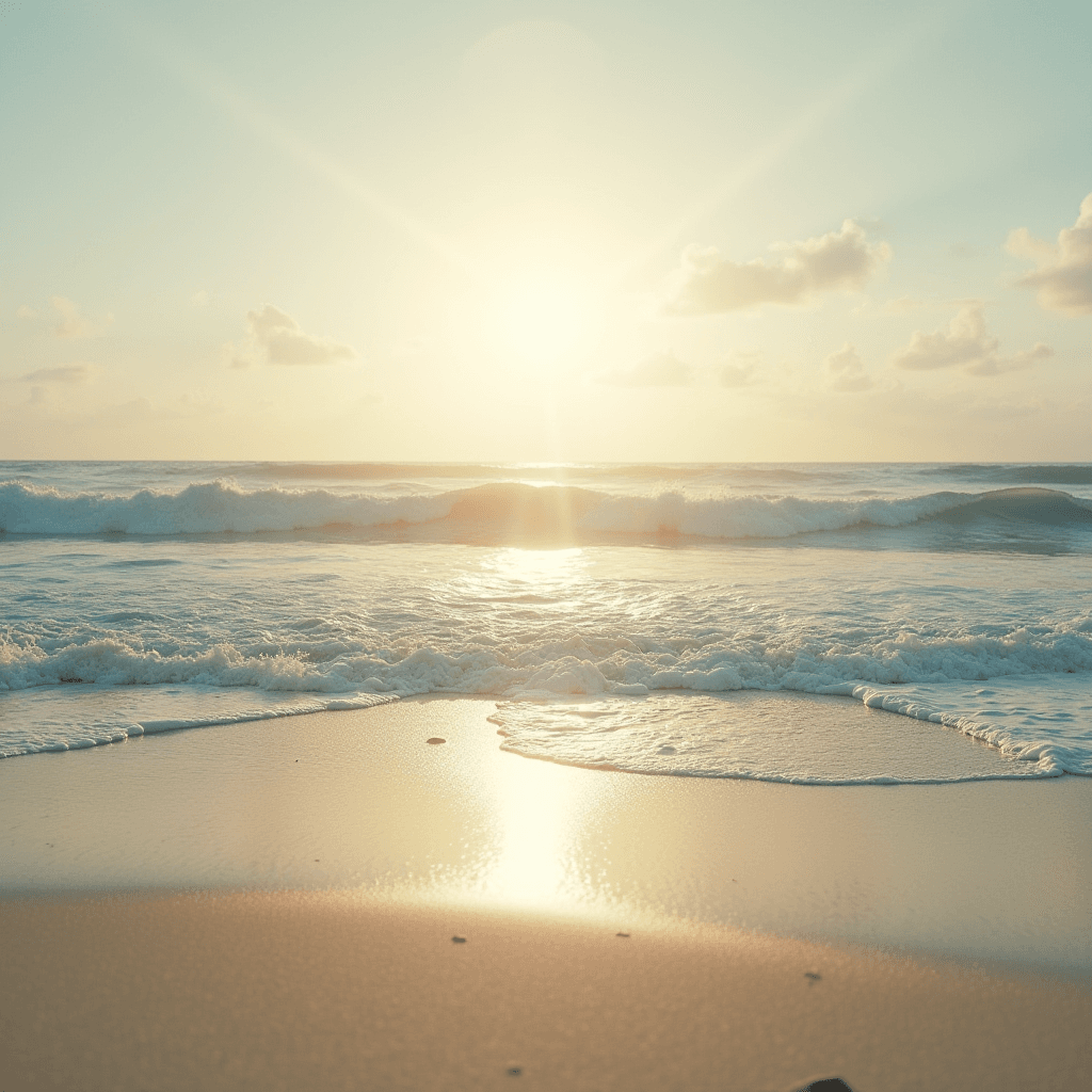 The image shows a tranquil beach at sunrise with gentle waves and a golden glow. 