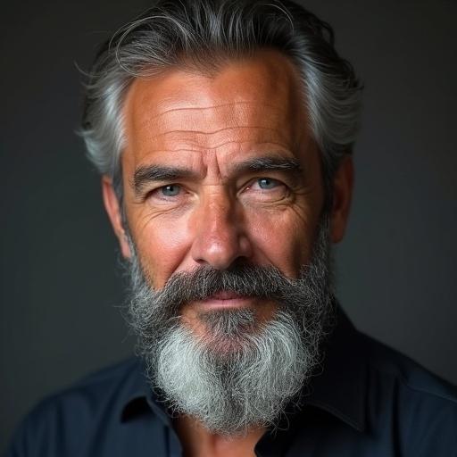 Mature man around 40 years old with blue eyes and a two-day beard. Displays a perfect smile. The image shows a portrait.