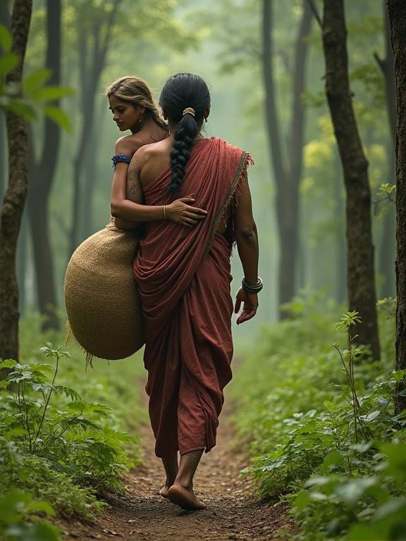 A bandit walks through a dense forest carrying a woman on his shoulder like a sack. Both wear worn-out clothes. The woman is dressed in a faded saree. Lush greenery surrounds the path, creating a vibrant backdrop.