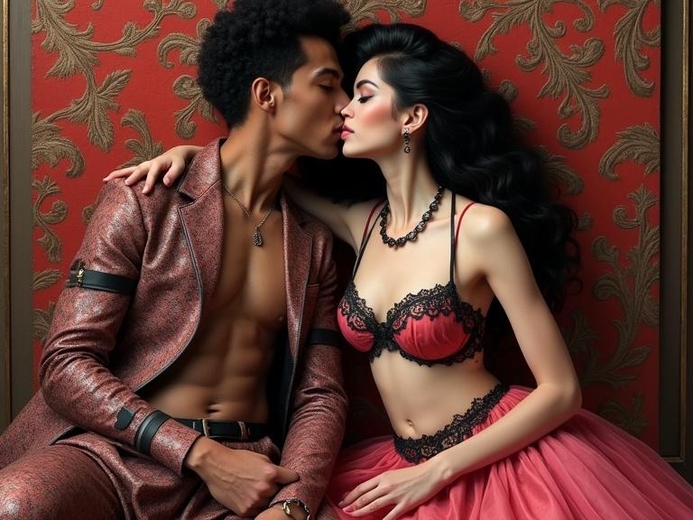 A surreal portrait of an erotic couple dressed in eccentric lingerie. Shades of pink and black with intricate patterns. Pin-striped and paisley designs in clothing. Background with brown and red tones. Lyrical abstraction inspired by Harlem Renaissance. Hyper-detailed style similar to Kandinsky and Studio Ghibli.