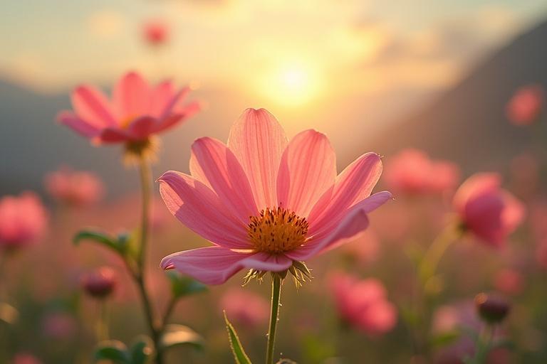 Close-up view of a blooming pink flower with a sunset in the background. A field of flowers creates a soft focus background. Muted natural light perfect for a peaceful scene.