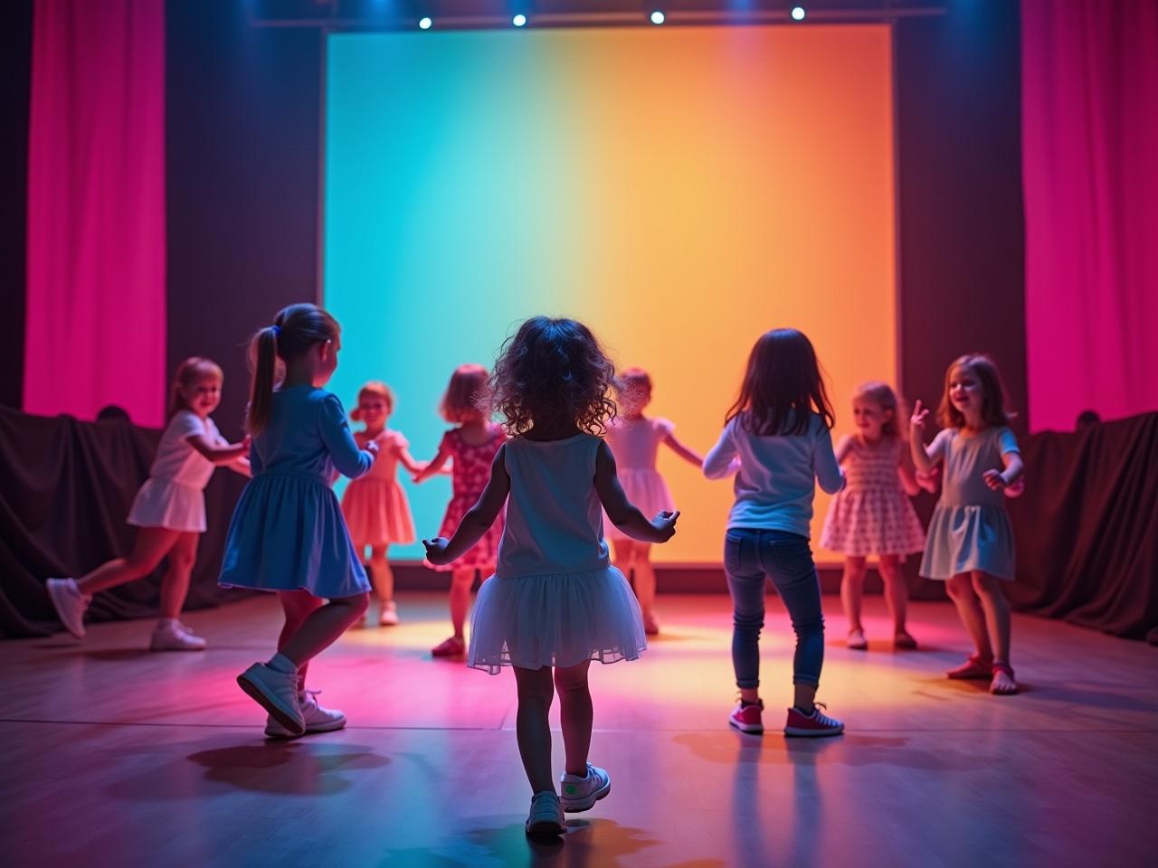 In a colorful theater setting, a group of children is performing on stage. The backdrop features a vibrant gradient with pink accents, creating a lively atmosphere. The small girl standing in the middle is highlighted, drawing attention to her energetic presence as she participates in the dance routine. She wears a light outfit that stands out against her peers who are dressed in darker colors. The stage is filled with excitement and movement as the children express themselves through their dance.